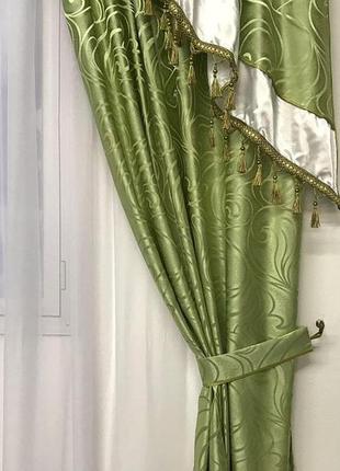 Турецкий комплект жаккардовых штор с ламбрекеном 150х270 см ( 2шт ) с подхватами  цвет -  зеленый2 фото