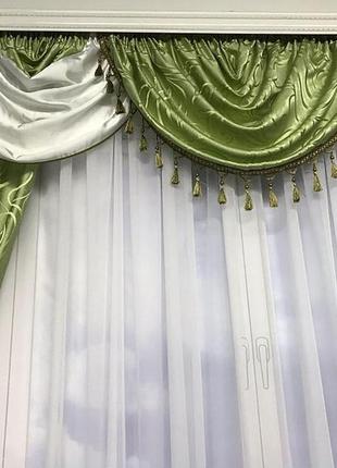 Турецкий комплект жаккардовых штор с ламбрекеном 150х270 см ( 2шт ) с подхватами  цвет -  зеленый4 фото