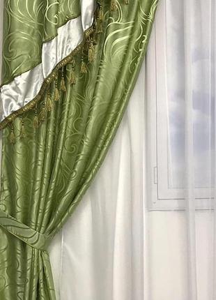 Турецкий комплект жаккардовых штор с ламбрекеном 150х270 см ( 2шт ) с подхватами  цвет -  зеленый3 фото