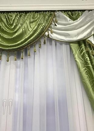 Турецкий комплект жаккардовых штор с ламбрекеном 150х270 см ( 2шт ) с подхватами  цвет -  зеленый5 фото