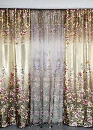 Готовые шторы с тюлем в цветы шторы на тесьме с тюлем шторы 150х270 тюль 400х270 шторы с тюлем- оливковые
