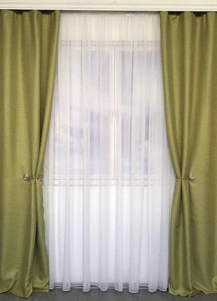 Готовий комплект штор із мішковини 150х270 см із тюлем 400х270 см на тасьмі. колір оливковий