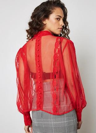 Кружевная тюлевая блуза с обьемными рукавами и воротником стойкой3 фото