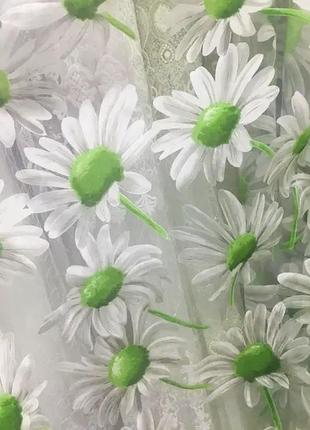 Тюль органза с цветочным рисунком зеленая ромашка2 фото