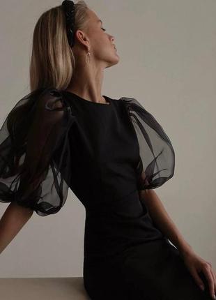 Платье футляр чёрное миди карандаш с прозрачными рукавами фонариками стильное элегантное вечернее силуэтное2 фото
