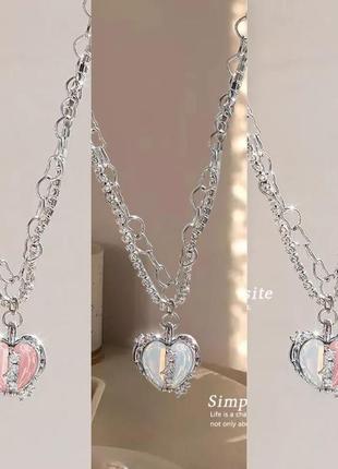 Стильна модна трендова підвіска чокер цепочка кольє намисто із стразами цирконами кулон із сердечком рожевий синій вишукана підвіска в стилі панк рок