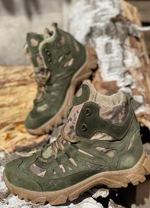 Шкіряні берці з конопляною тканиною зимові