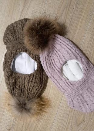 Капор зимний балаклава детский зимняя шапка с натуральным помпоном и шарф1 фото