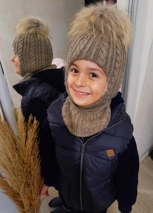 Капор зимний балаклава детский зимняя шапка с натуральным помпоном и шарф2 фото