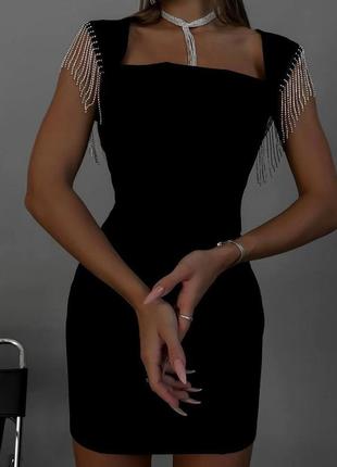 Розкішна вечірня чорна сукня з металевою бахромою🔥2 фото