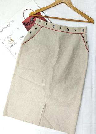 Бежевая юбка лен миди с вышивкой карманами деревянные пуговицы1 фото