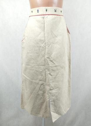 Бежевая юбка лен миди с вышивкой карманами деревянные пуговицы4 фото