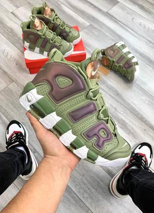 Чоловічі шкіряні  зелені кросівки nike air more uptempo🆕 найк аір