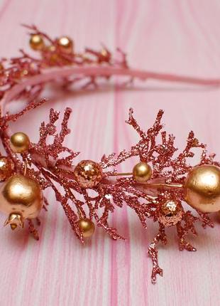 Новорічний обруч ободок метелиця, хурделиця пудровий рожевий з золотом3 фото