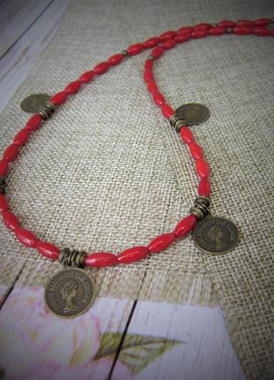 Коралові буси " монисто з монетами"