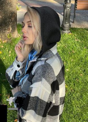 Тепла сорочка в клітинку оверсайз, подовжена , с капелюхом4 фото
