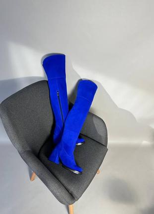 Эксклюзивные ботфорты из итальянской кожи и замша женские синие электрик5 фото