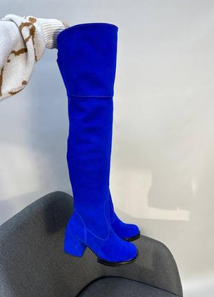Екслюзивні ботфорти з натуральної італійської шкіри та замші жіночі сині електрик2 фото