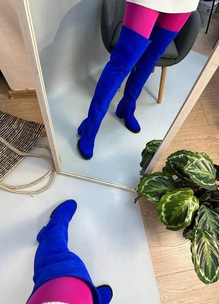 Екслюзивні ботфорти з натуральної італійської шкіри та замші жіночі сині електрик6 фото