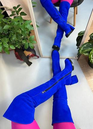 Эксклюзивные ботфорты из итальянской кожи и замша женские синие электрик1 фото