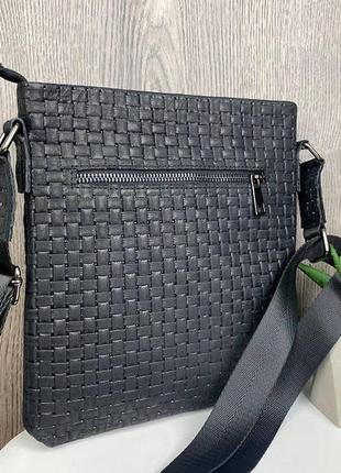 Мужская кожаная сумка-планшетка плетеная черная, сумка-планшетка на плечо натуральная кожа6 фото