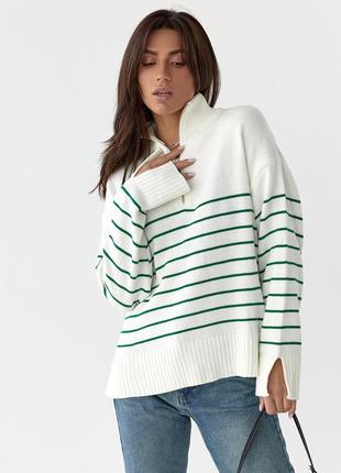 В'язаний светр у смужку з подовженою спинкою — зелений колір, l (є розміри) s