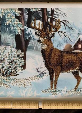 Картина вишита бісером, олень, зима, картина вышита бисером.