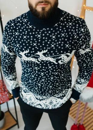 Мужской свитер с оленями синий новогодний2 фото