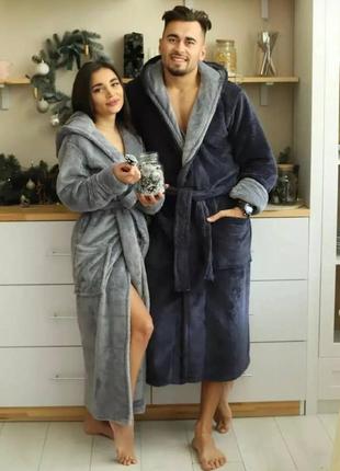 🏠 family look  халати теплі жіночі + чоловічі довгі з капюшоном