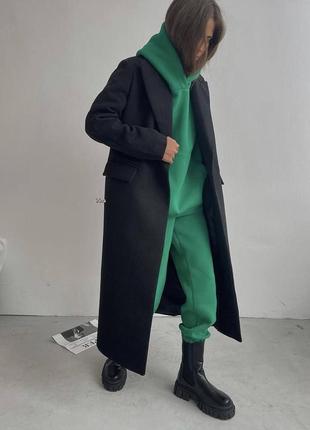 Пальто длинное двоборотное с пуговицами кашемир турция черное изумруд зеленое осень4 фото