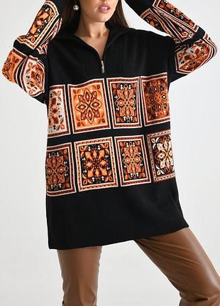 Свитер туника с замочком узорами длинный теплый осень зима черный белый молоко