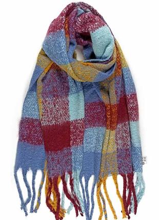 Теплий зимовий шерстяний шарф-плед палантин сіро-рожевий товстий об'ємний клітина