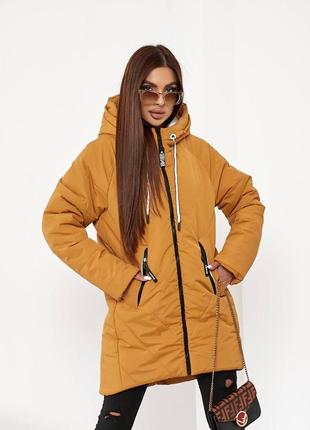 ❄️☃️єврозима⛄❄️ куртка зимова жіноча пуховик теплий парка кокон 1010/1 гірчиця гірчичного кольору