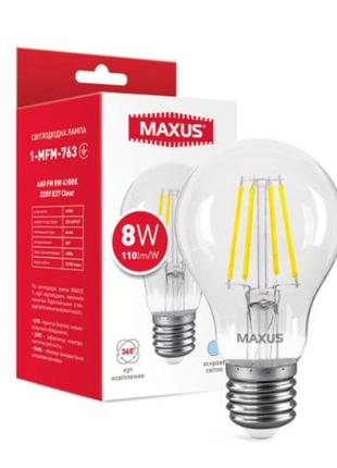 Лампа  филаментная светодиодная 8w maxus a60 fm  4100k 220v e27 clear