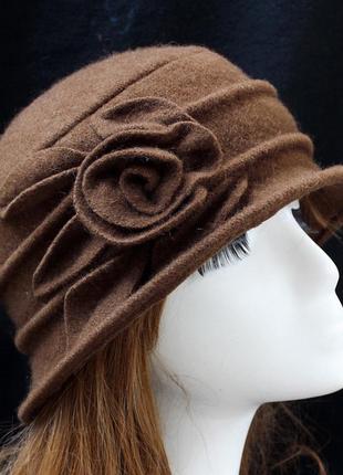 Вовняний коричневий з квіточками капелюшок-панама 57-60 см