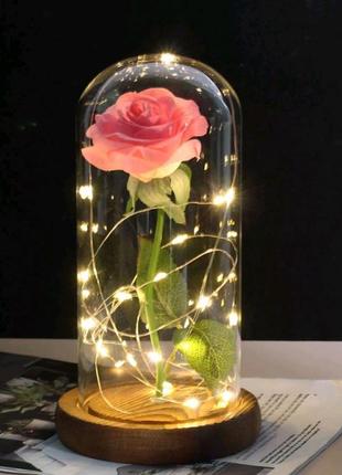 Искусственная роза с гирляндой под стеклянным куполом роза-ночник из мультфильма "красавица и чудовище" фото