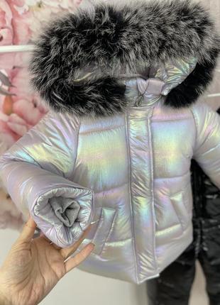 Зимовий костюм до -30 морозу куртка з переливом та чорні штани сіре хутро3 фото