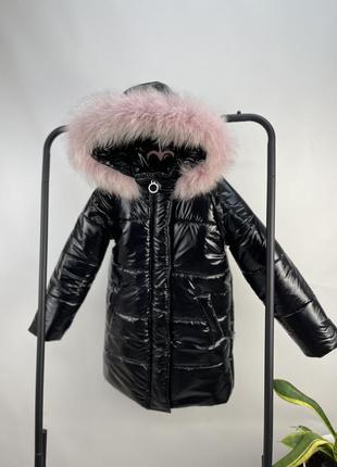 Зимове пальто чорне з лаку монклер на флісі тепле та зручне для дівчаток5 фото