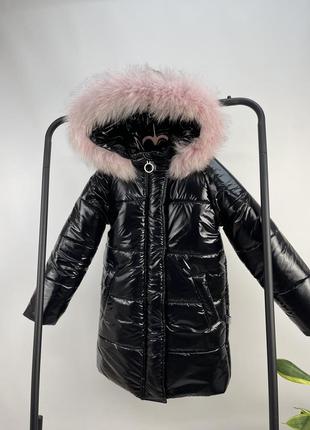 Зимове пальто чорне з лаку монклер на флісі тепле та зручне для дівчаток4 фото