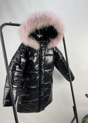 Зимове пальто чорне з лаку монклер на флісі тепле та зручне для дівчаток6 фото