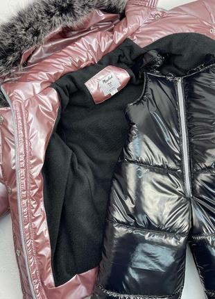 Зимовий костюм до -30 морозу з хутром песця рожева куртка та чорні штани7 фото