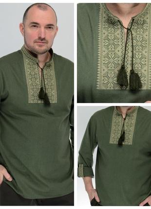 Чоловіча вишиванка у стилі мілітарі, льон, розміри 44 — 58