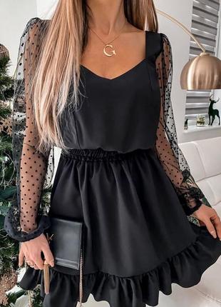 Жіноча сукня коротка нарядна чорна на корпоратив з сіткою новорічна святкова на новий рік