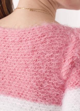 Теплий пухнастий кроп светр біло-рожевого кольору 100% hand made зимовий затишний светр xs/s2 фото