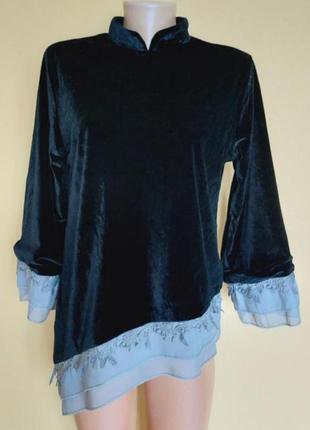 Чорна бархатна,оксамитова блуза,мереживо,асиметрія