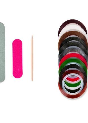 Набор инструментов для дизайна ногтей. декор для маникюра - кисточки, стразы, дотсы, скотч-ленты, пилочки.4 фото
