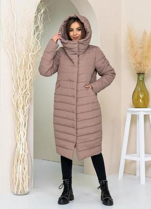 Жіноче зимове пальто плащівка на силіконі кава беж з капішонов стьобане нижче колін