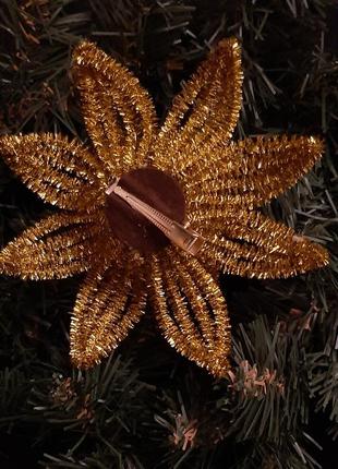 Новорічний декор, ялинкова прикраса ручної роботи квітка золота2 фото