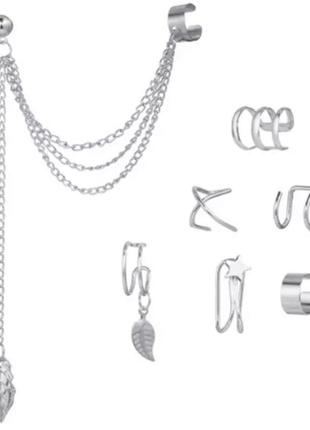 Прості модні жіночі сережки-кліпси в стилі панк з ланцюжком, срібні для вух, не пірсинг, модні ювелірні вироби,