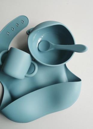 Набір комплект дитячого силіконового посуду слюнявчик, тарілочка на присосці чашка